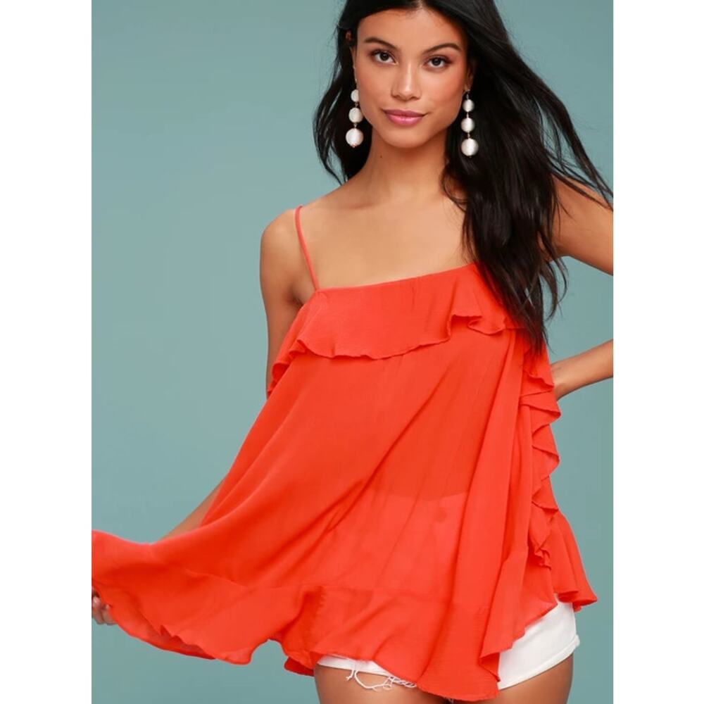 Free People Intimately CASCADES Ruffled Gauze Cami Tank Top Fire Red S NWT $58